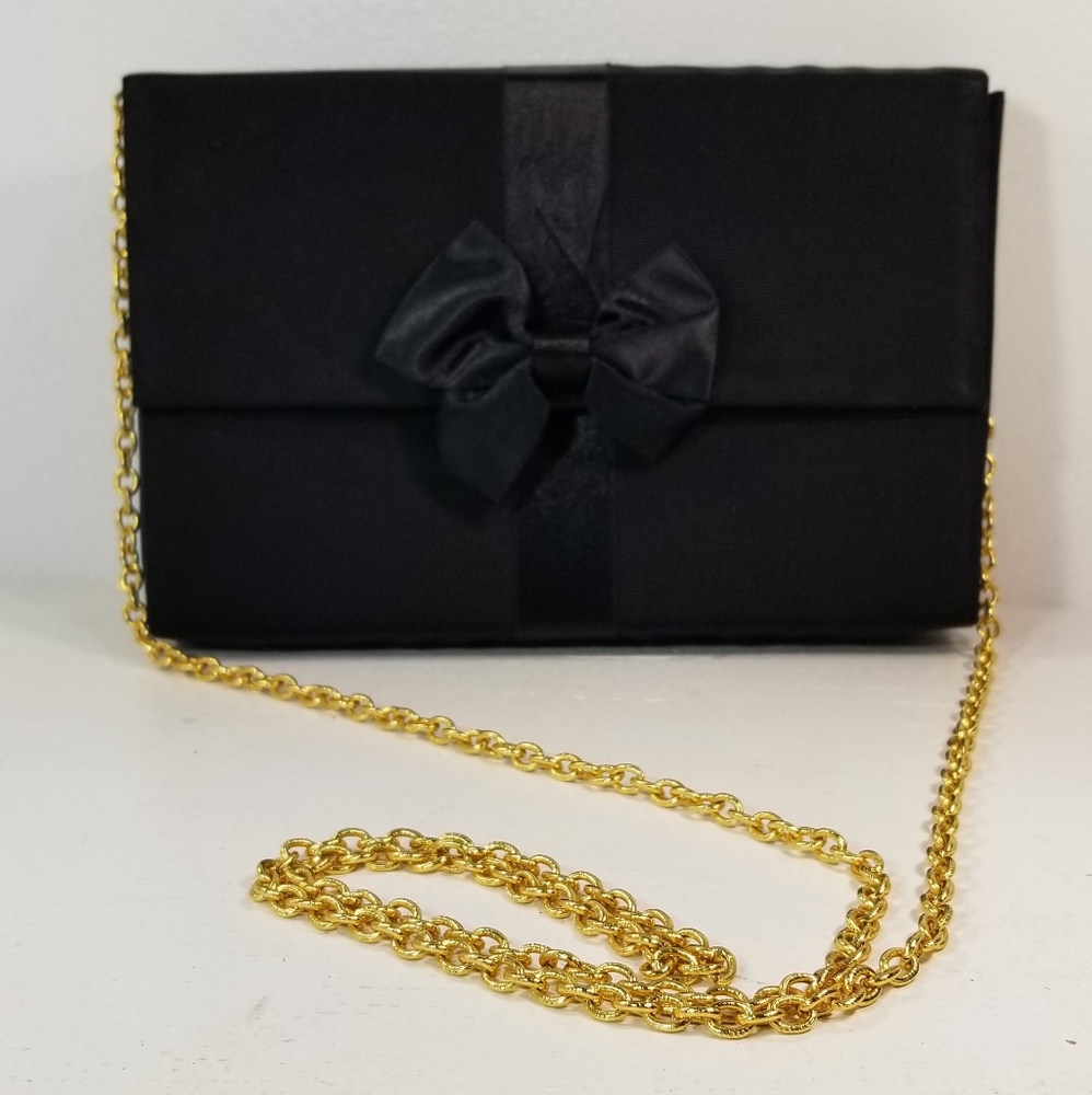 Talbots Women's Black Satin Bow Clutch Gold Strap